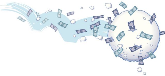 Ilustração mostra notas de dinheiro descendo em uma bola de neve