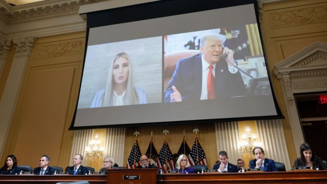 The final hearing of the January 6 committee - Donald and Ivanka Trump shown o­n big screen above committee members