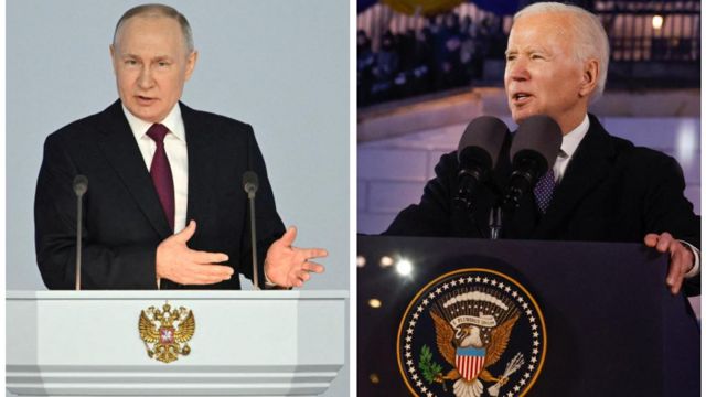 Colagem mostra Putin e Biden em púlpitos durante seus respectivos discursos