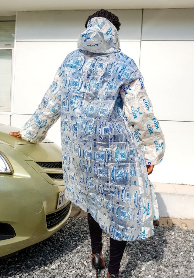 Water sachets turned into a raincoat