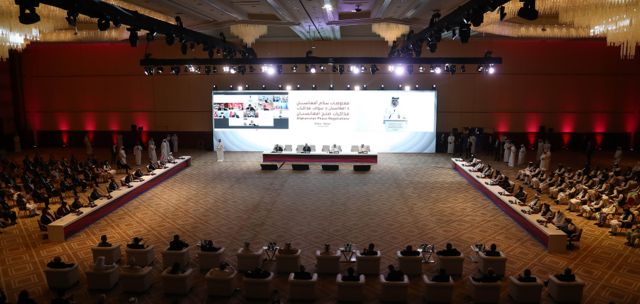 A large hall hosting Afghan peace talks in Doha