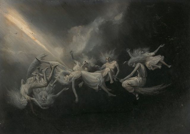 البرق يضرب مجموعة من الساحرات من القرن التاسع عشر. لوحة للفنان ويليام هولبروك بيرد