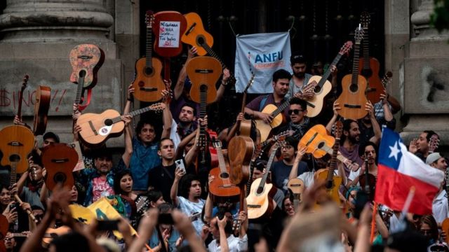Cerca de 200 pessoas protestaram tocando a música de Victor Jara "O direito de viver em paz"