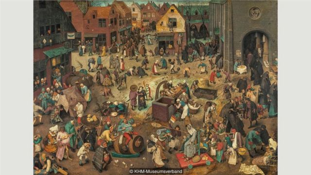 《狂欢节和封斋期之争》（The Battle Between Carnival and Lent，1559），画面的一端是旅馆的饮酒狂欢者，而另一半则被虔诚的场景所占据。