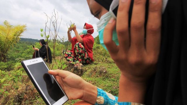 Sejumlah pelajar dan mahasiswa mengikuti proses belajar mengajar dalam jaringan (daring) di atas pengunungan supaya bisa mendapat sinyal di Desa Cangai, Pante Ceureumen, Aceh Barat, Aceh, Rabu (26/8/2020)