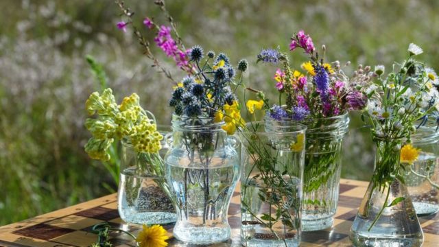Recipientes de vidrio con flores
