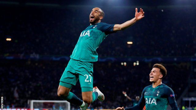 Tottenham striker Lucas Moura celebrates his winning goal for Tottenham against Ajax in the Champions League semi-final