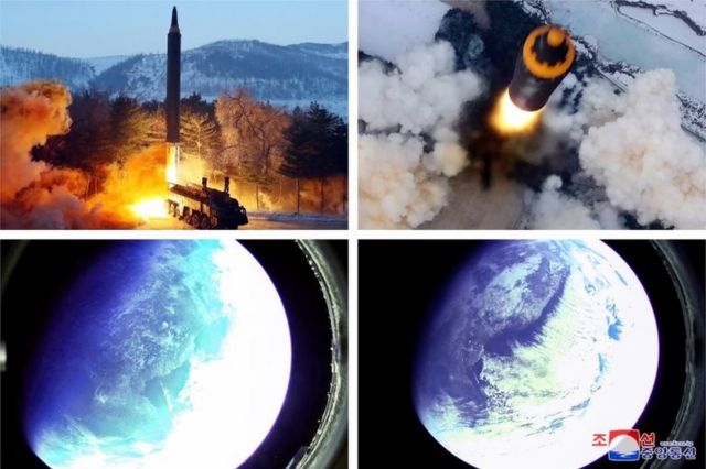 Duas fotos do lançamento do míssil da Coreia do Norte e duas da Terra tiradas do míssil no espaço