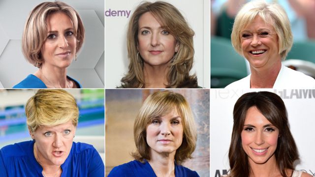 BBC内の男女賃金格差解消を求める公開書簡に、BBCの著名女性キャスターたちが署名した。左上から時計回りに、エミリー・メイトリス、ビクトリア・ダービシャー、スー・バーカー、アレックス・ジョーンズ、フィオナ・ブルース、クレア・ボールディング各氏