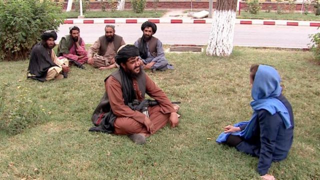 Lyse Doucet, right, speaks with the Taliban in Kabul, 2 September 2021