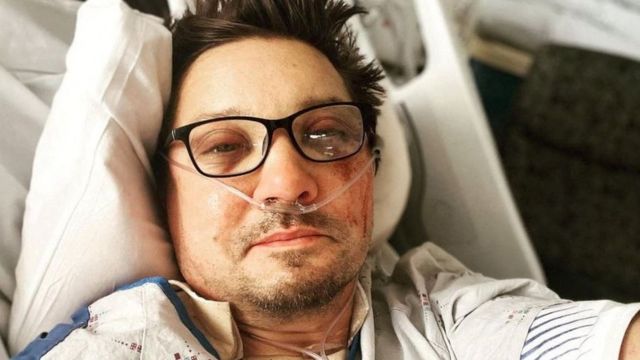 A screen grab shows a selfie of actor Jeremy Renner on a hospital bed, posted on Instagram with a caption reading, "Thank you all for your kind words. IÕm too messed up now to type. But I send love to you all" in this picture obtained from social media January 3, 2023.