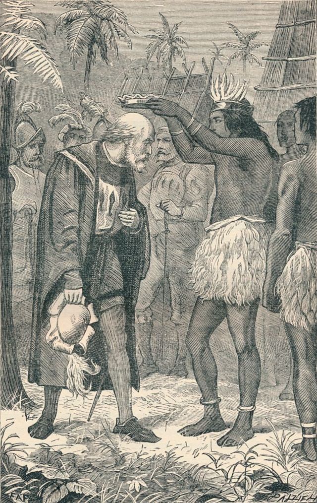 El cacique Guacanagarí coloca una corona a Cristóbal Colón en un grabado de 1904.