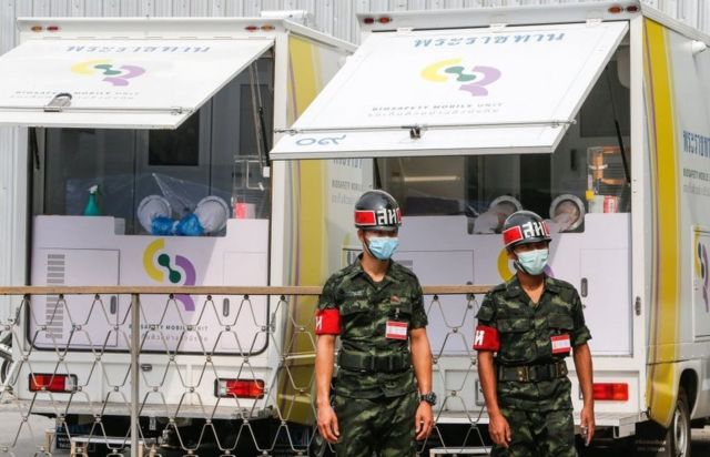 ทหารเฝ้ารถตรวจโควิด