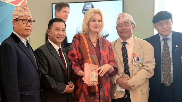 Gyanraj Rai, left and Dhan Gurung second from right, with actress and Gurkha campaigner Joanna Lumley