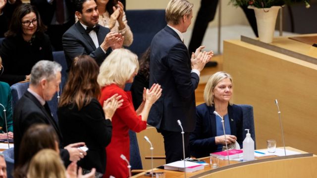 Magdalena Andersson of the Social Democratic Party is elected Prime Minister in the Swedish Parliament on November 24, 2021