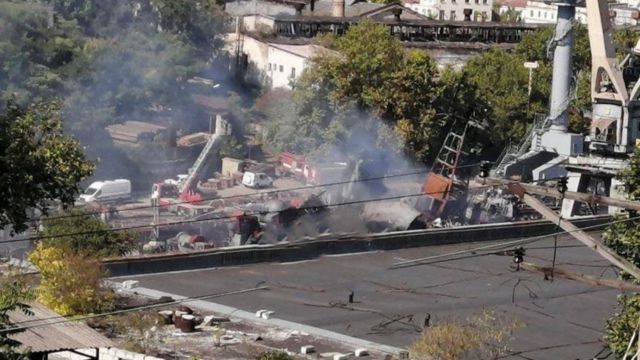 View of a damaged Russian ship following a Ukrainian missile attack on Sevastopol