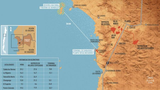 Un mapa de la costa de Chile en el que se ve dónde se ubicará Dominga