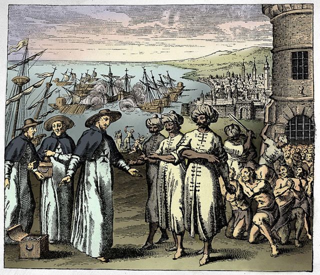 Sacerdotes dominicanos pidiendo la liberación de los esclavos cristianos en Argelia tomados por piratas (ilustración del siglo XVII). El subtítulo dice: "Padres de la Redención", de Histoire de Barbarie 1637