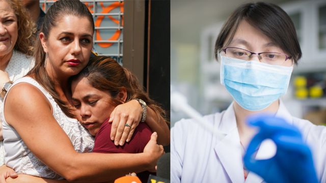 A la izquierda, Yeni Marciela Gonzalez Garcia, una madre guatemalteca que logró reunirse con sus tres hijos el 3 de julio de 2018 en Nueva York. A la derecha, una enfermera realizando una prueba de ADN.