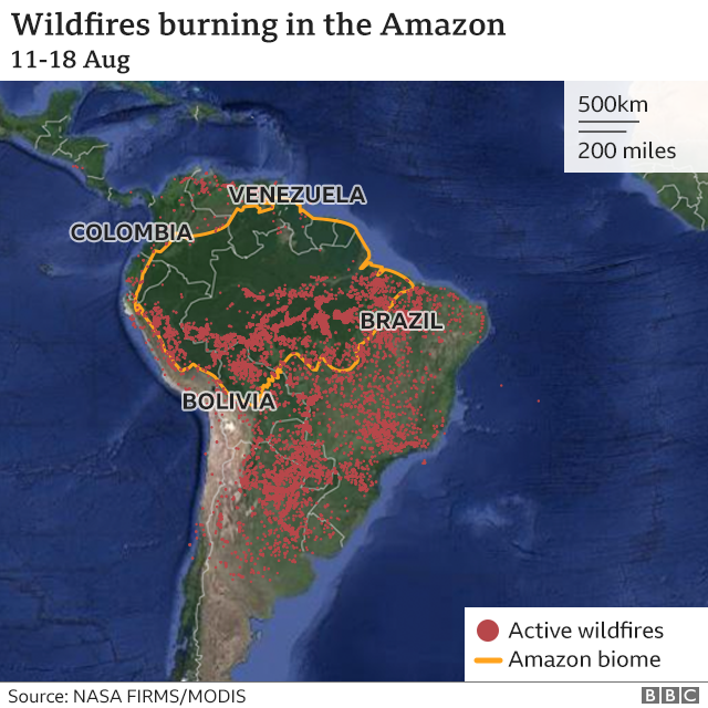 Map of fires across Latin America