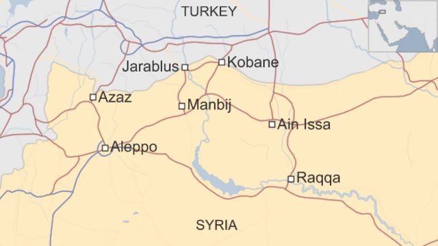 Map of Syria showing location of Manbij and roads to Aleppo, Raqqa and across the Turkish border