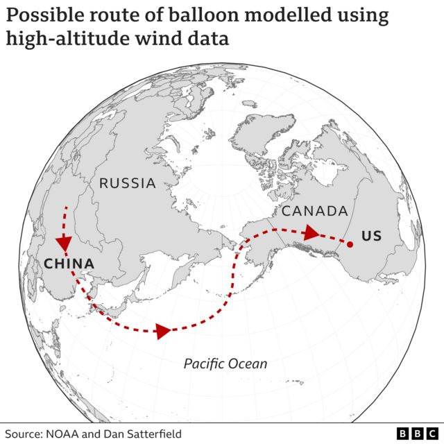 Map showing possible route of balloon from China to US