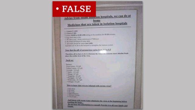 Image of a laminated poster labeled "False" the poster contains a long list titled "Advice from inside isolation hospitals we can do at home"
