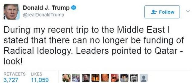 Donald Trump, Twitter hesabından Katar mesajı paylaştı.