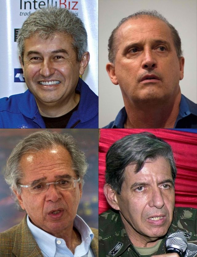 Imagem mostra fotos de Marcos Pontes, Onyx Lorenzoni, Paulo Guedes e o general da reserva Augusto Heleno, apontados como ministros do governo de Jair Bolsonaro, recém-eleito presidente do Brasil