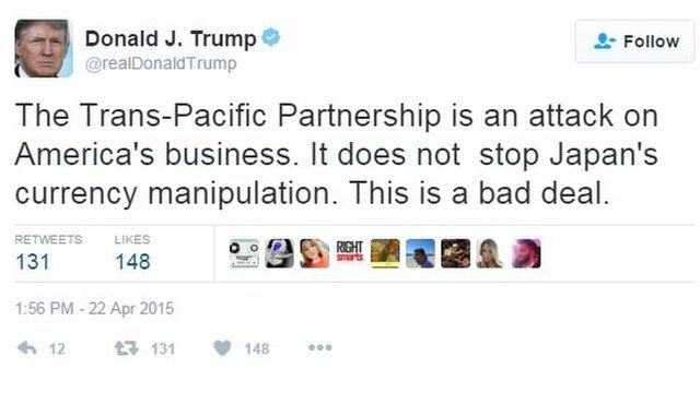 An April 2015 tweet by Donald Trump calling the TPP a "bad deal"