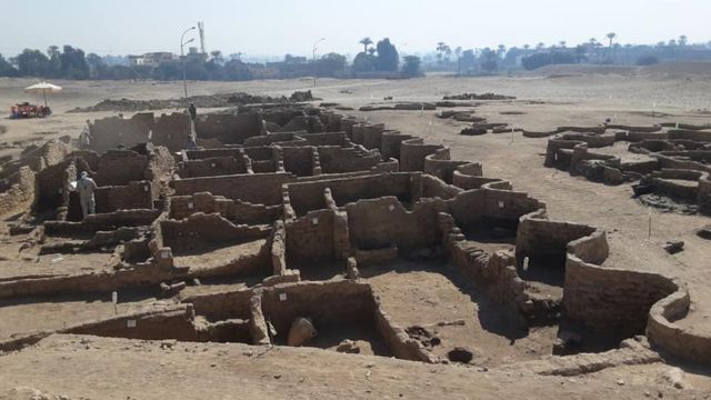 A wide shot of an ancient city found near Luxor in Egypt