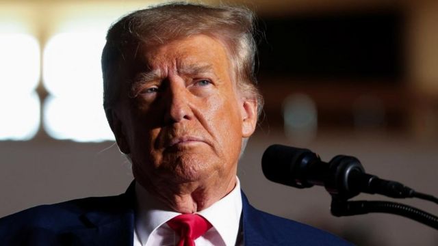 Former U.S. President and Republican presidential candidate Donald Trump reacts as he holds a campaign rally in Erie, Pennsylvania, U.S., July 29,