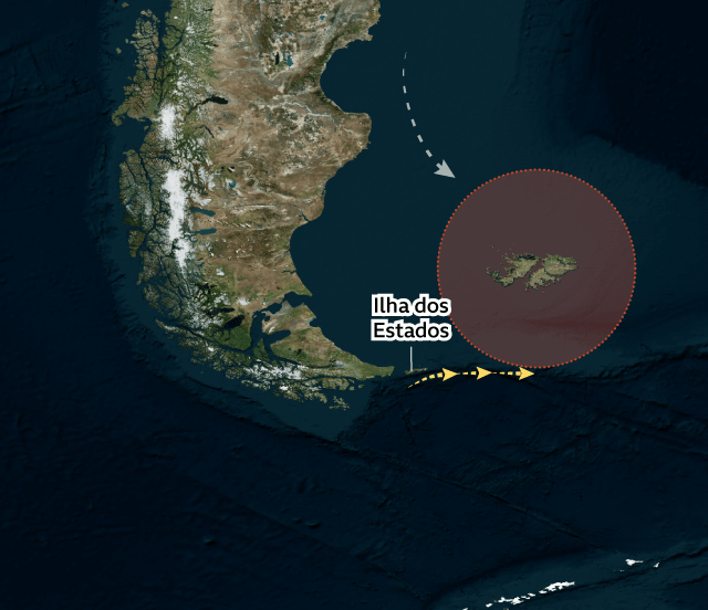 Mapa mostrando o Belgrano indo em direção a leste