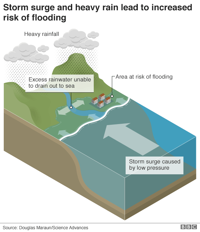 Graphic showing how storm surges lead to increased risk of flooding