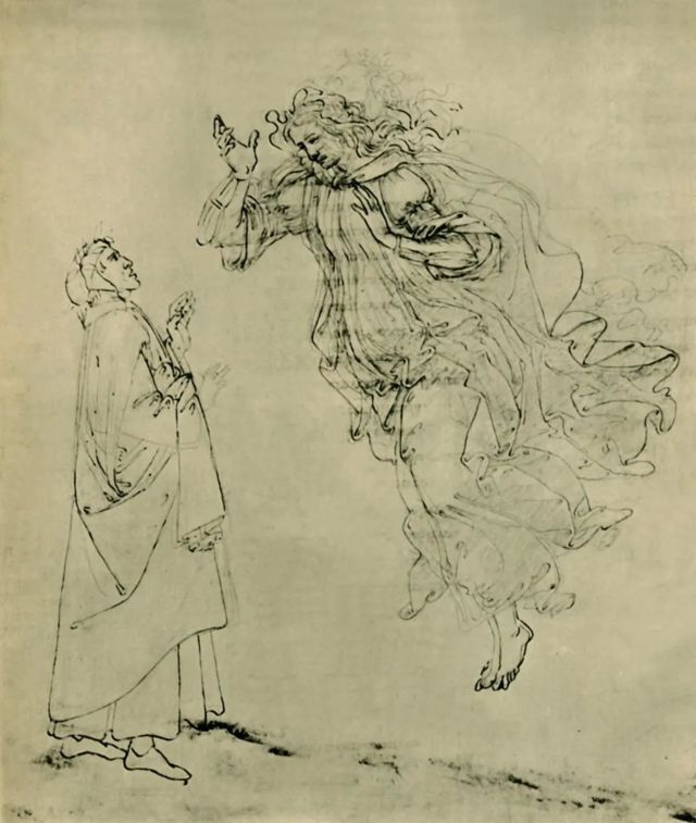 A Sandro Botticelli drawing of Beatrice Portinari guiding Dante through paradise.