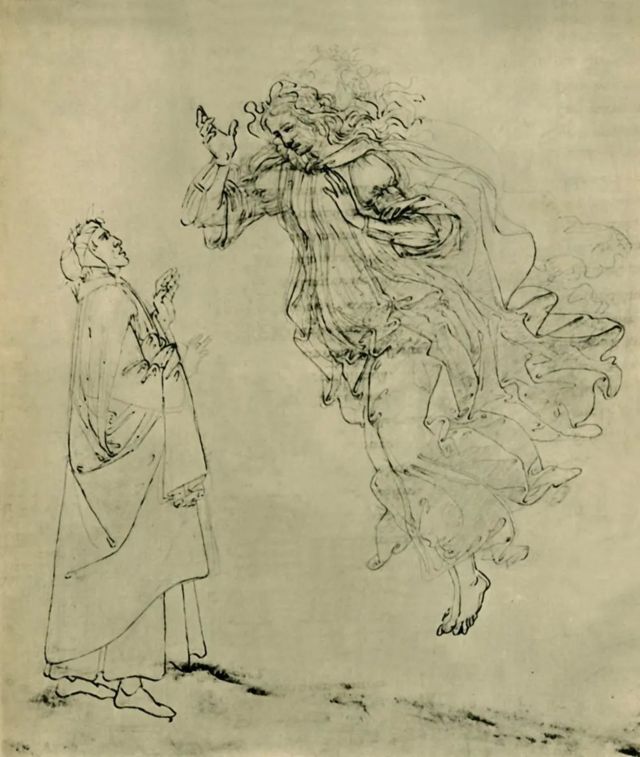 A Sandro Botticelli drawing by Beatrice Portinari guiding Dante through paradise.