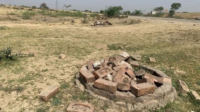 Esses tijolos cercam o local onde havia sido plantada uma muda em Uttar Pradesh
