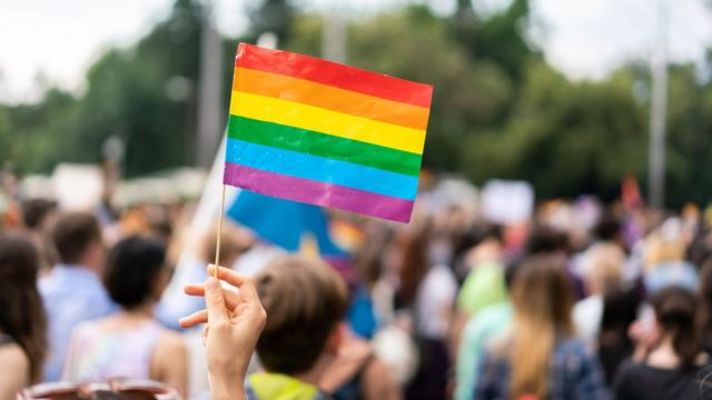 Bandera gay en un desfile del orgullo gay