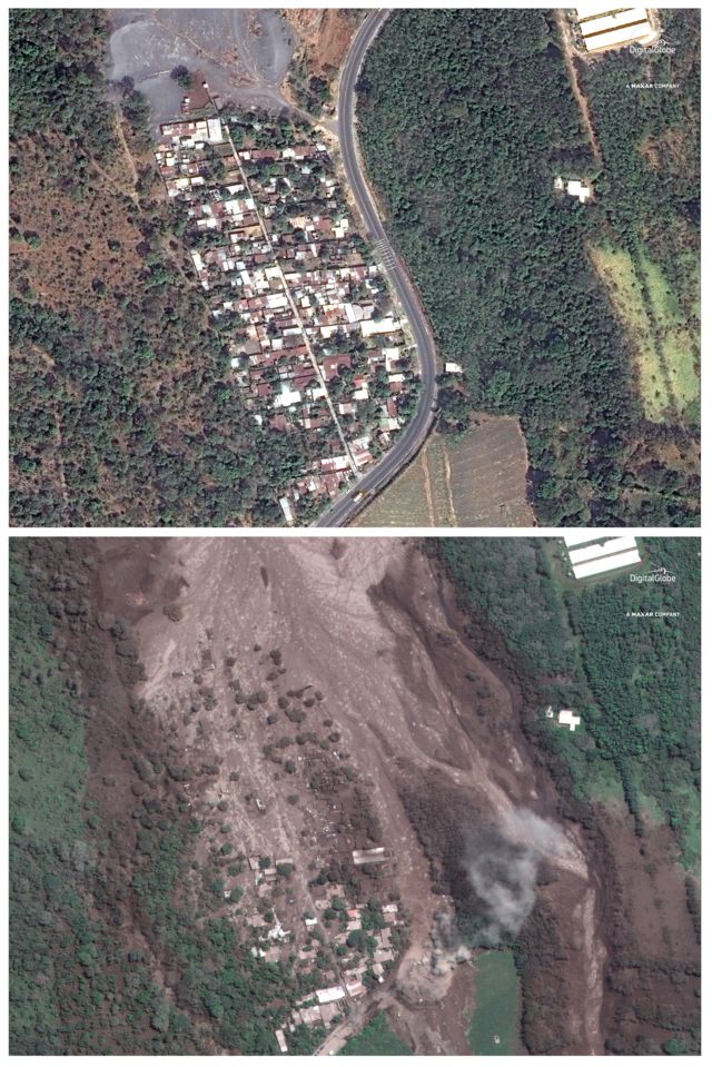 Imagen satelital de la devastación causada por la erupción del Volcán de Fuego en la zona de Los Lotes, en Guatemala