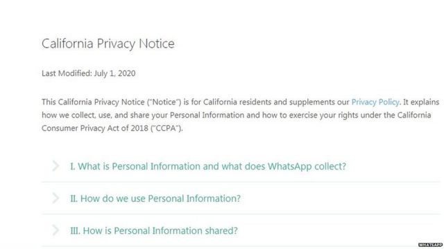 कैलीफ़ोर्निया के लोगों के लिए वॉट्सऐप की प्राइवेसी पॉलिसी