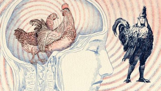 Cabeça humana com desenhos de galinhas