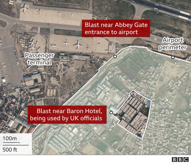 26일 폭탄 테러가 발생한 카불 하미드 카르자이 공항의 애비 게이트(위)와 인근 배런 호텔 위치