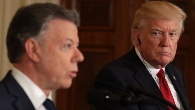 Donald Trump y Juan Manuel Santos, durante la visita de este a Washington el 18 de mayo de 2017.