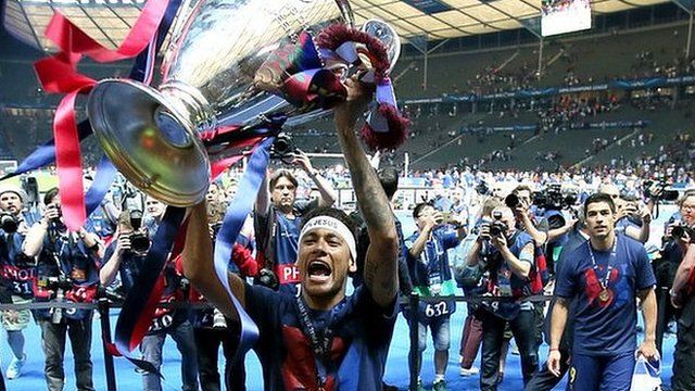 Neymar celebrates winning the 2015 Champions League final with Barcelona