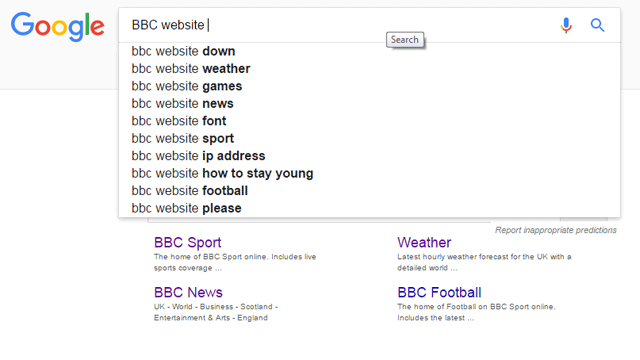 Screenshot of Google search for BBC website