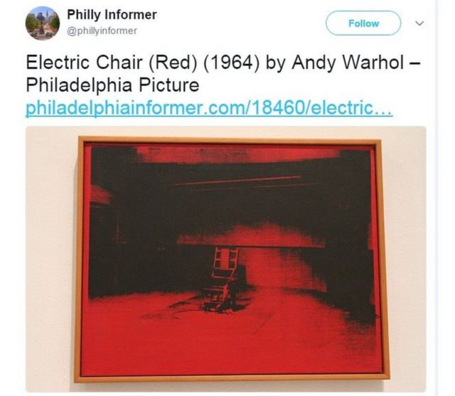 Screen grab of a tweet shows Andy Warhol's Electric Chair painting