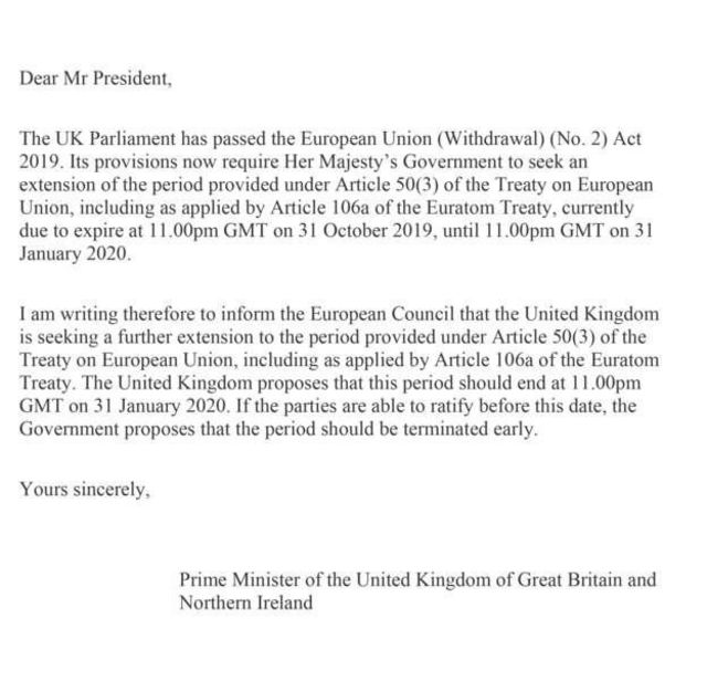 İngiltere Başbakanı Boris Johnson'ın AB'ye gönderdiği imzasız mektup