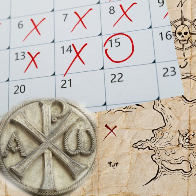 Calendario, mappa e simbolo religioso con x