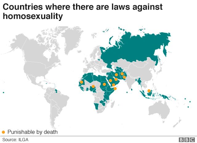A map showing where homosexuality is illegal and where it is punishable by death