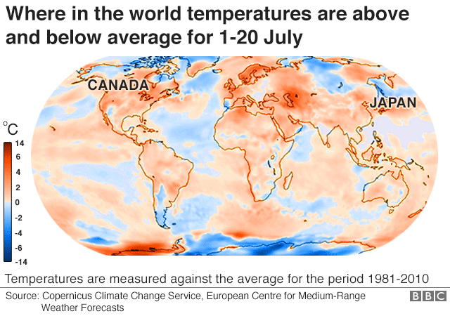 Map showing the countries where temperatures are above and below average for 1 to 20 July 2018